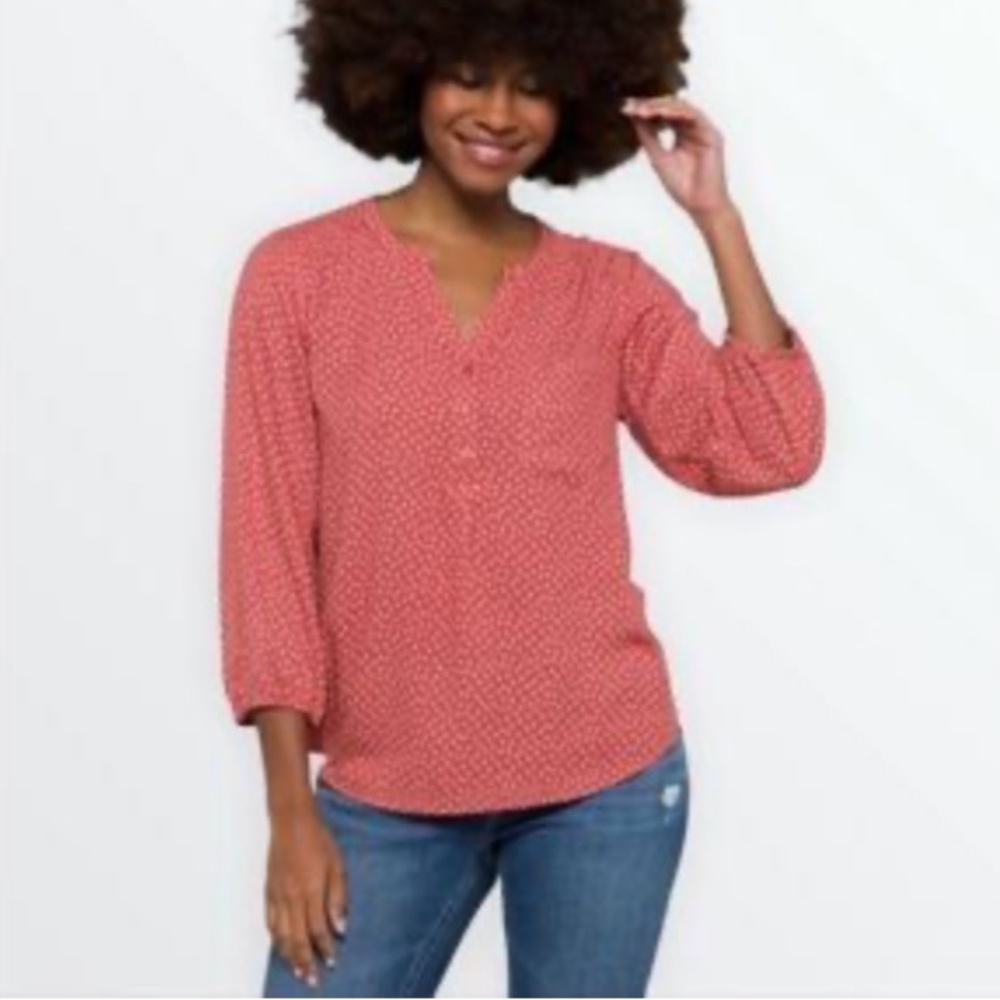 EUC - Market & Spruce - “Prat” Henley Blouse - Red Microprint - L